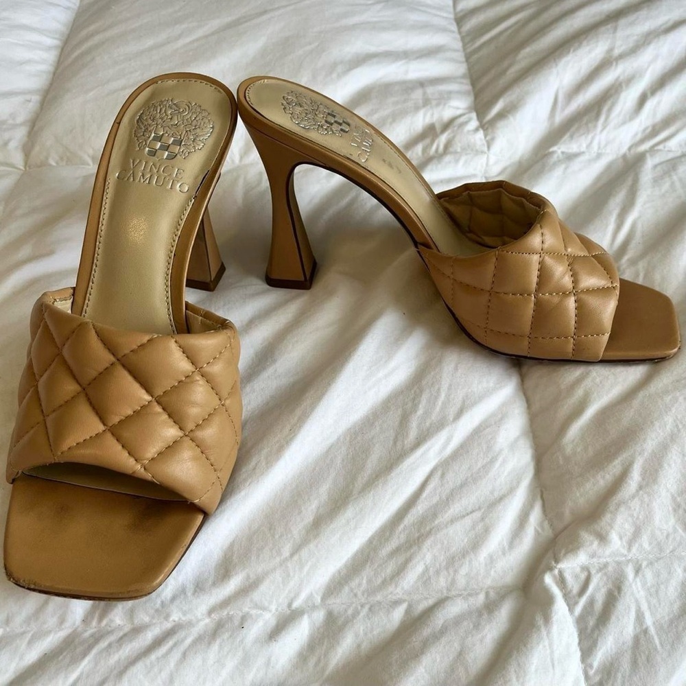 Vince Camuto tan quilted square toe mule heels with high block heel size 37.5